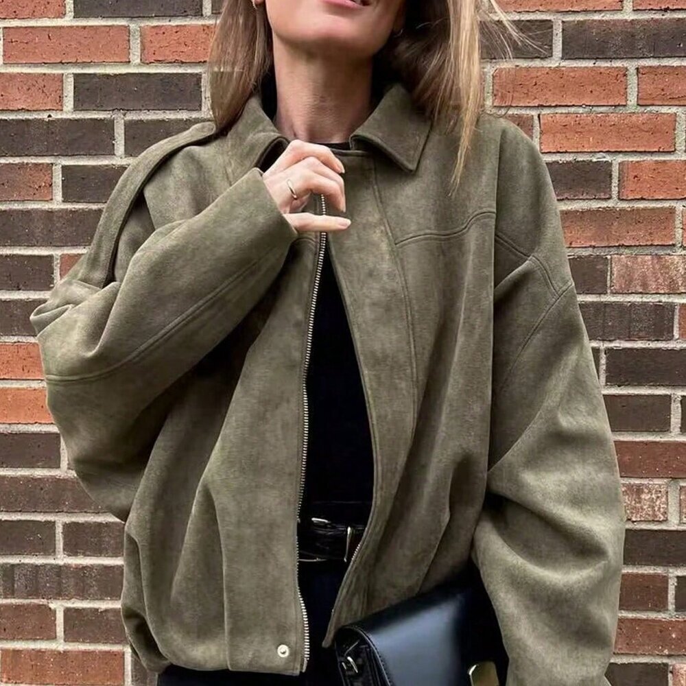 Army Green Casual Women's Loose Long Sleeves Zip up Bomber Coat Jacket - Picture 2 of 6